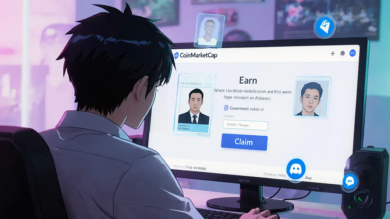 Anime character at computer viewing claim dashboard with KYC and chat icons.