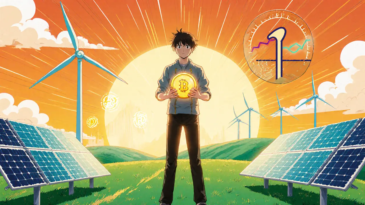 Character on green hill holding E2P token with solar panels and DeFi symbols.