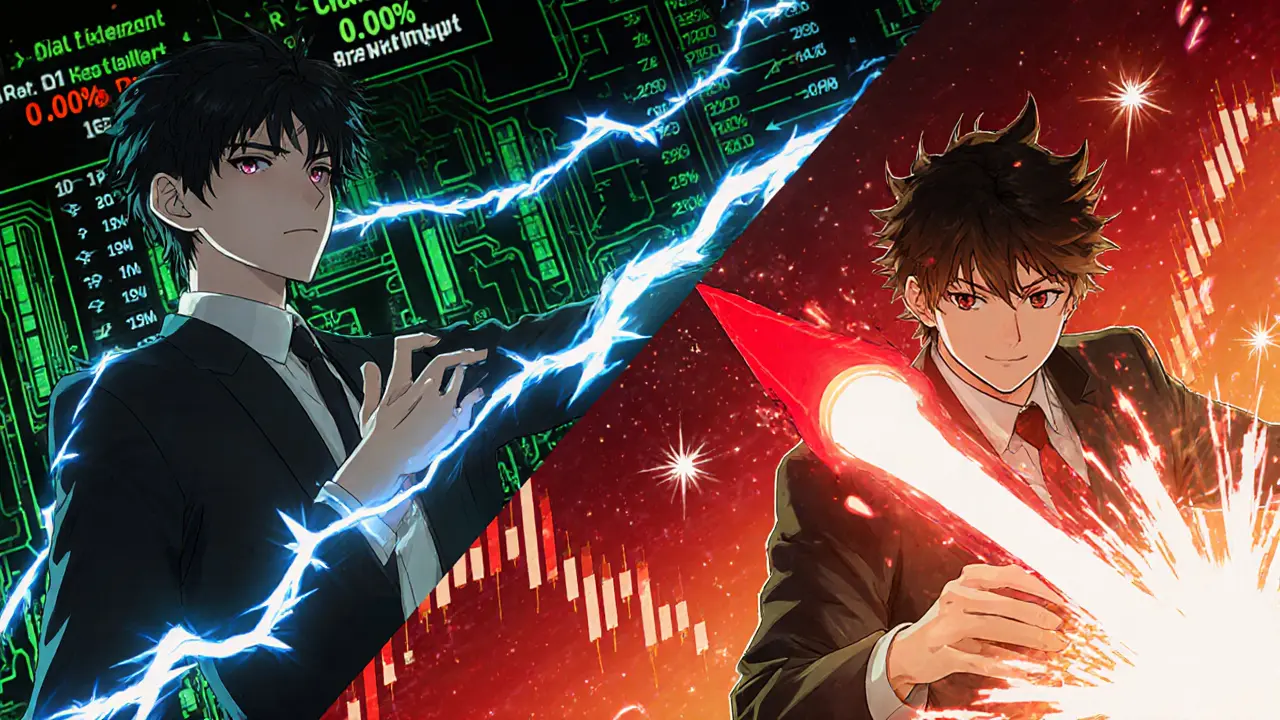 Anime action scene showing rapid scalping in a thick market and breakout trading in a thin market.