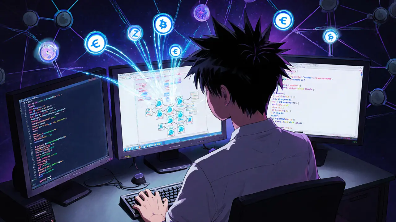 Anime-style programmer works on UTXO and EVM code with holographic blockchain visuals.