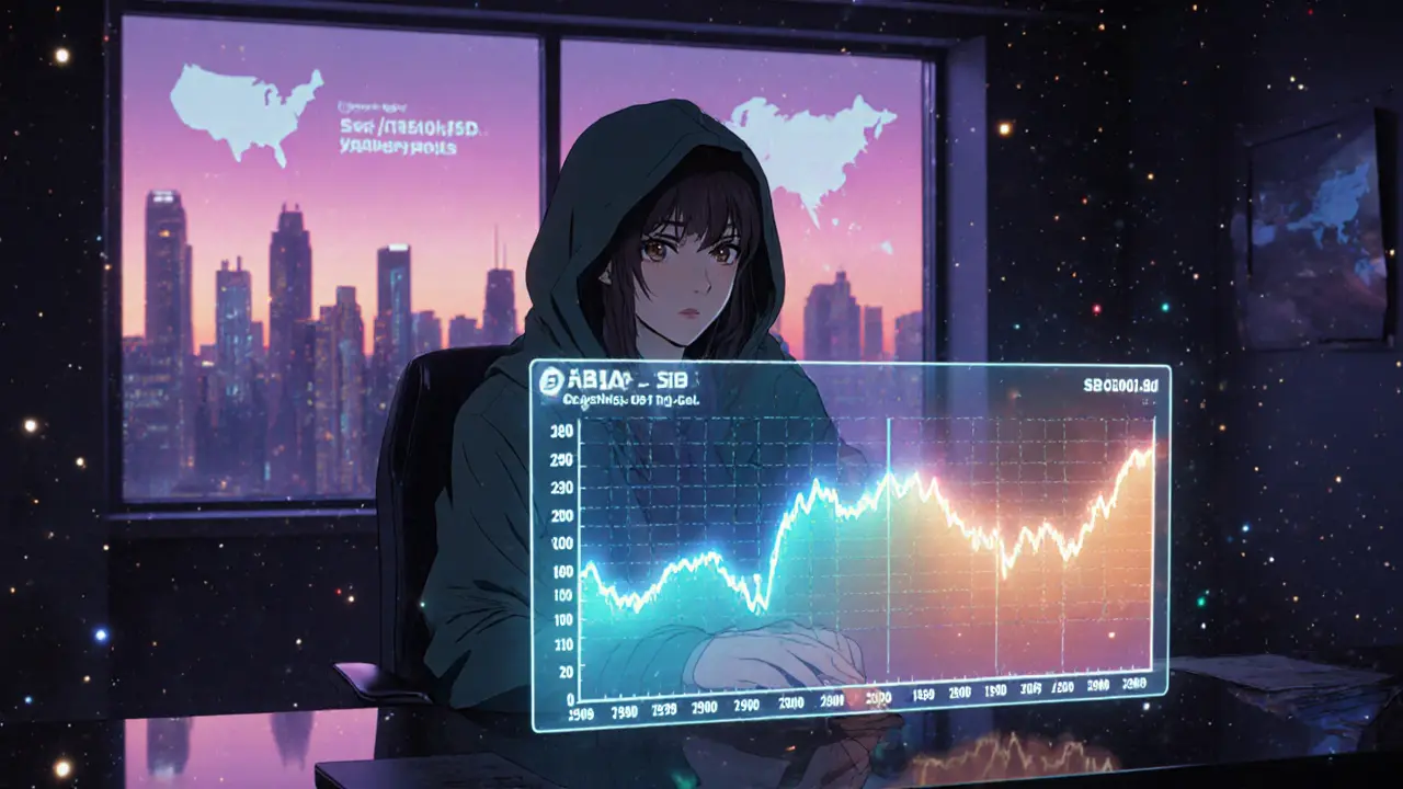 Anime‑styled trader viewing holographic heatmap of deep and thin liquidity in a dim loft.