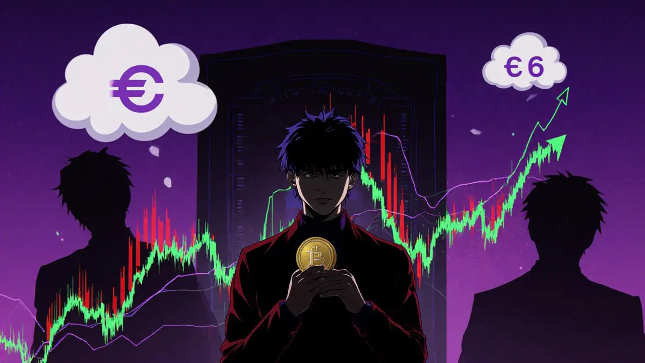Anime trader facing volatile price chart with shadows of liquidity, regulation, and supply concentration.