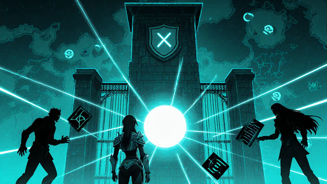 Armored heroine protecting a wallet orb from phishing threats.