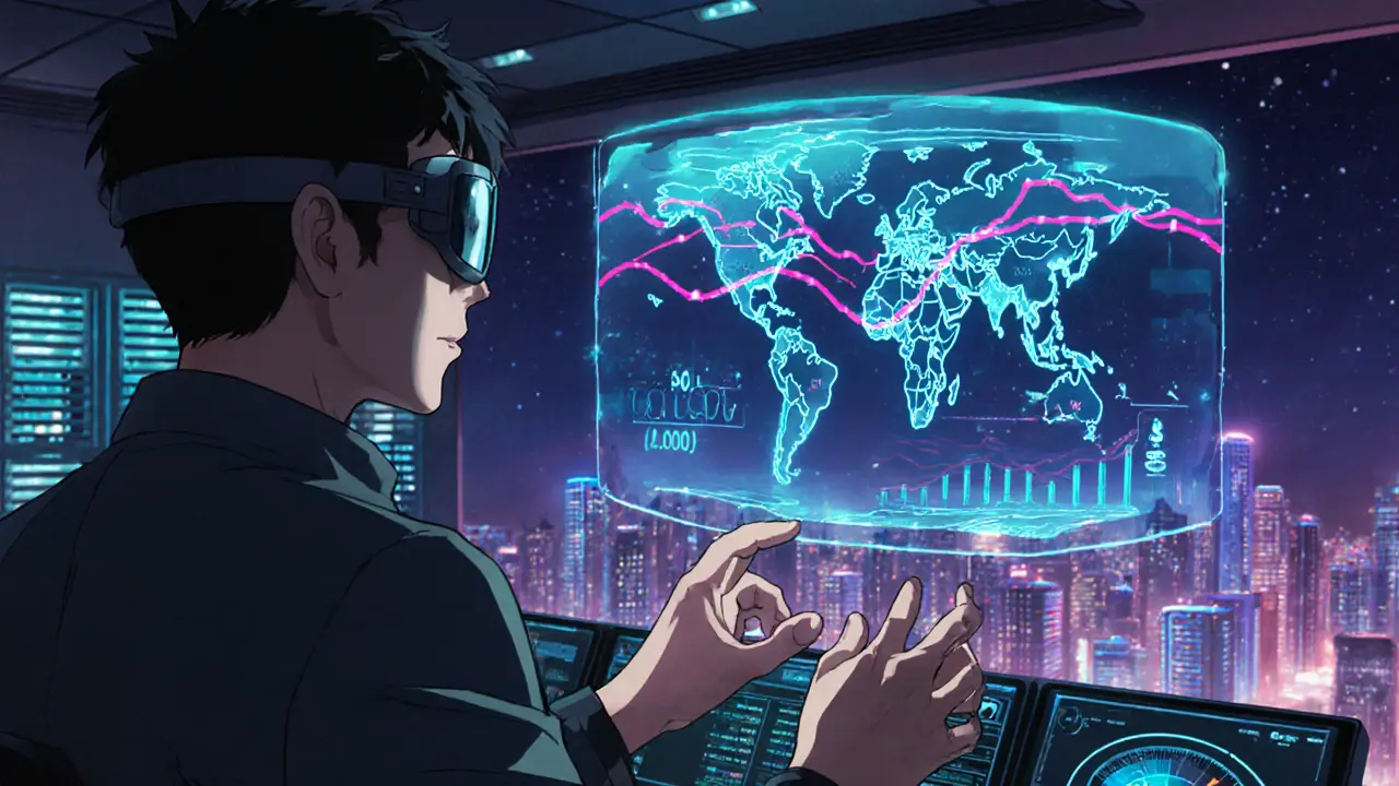 Futuristic anime control room with holographic AI assistant showing profit‑switching data.