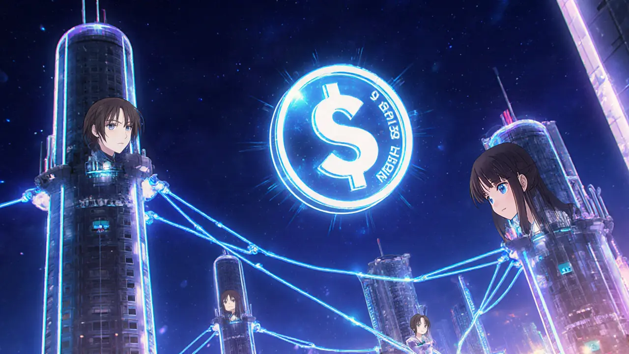 Futuristic city with glowing towers linked by neon lines, SN56 token hovering in 90s anime style.