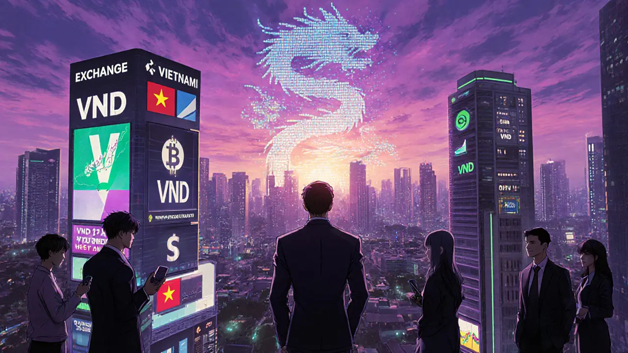 Futuristic Hanoi skyline with holographic VND crypto symbols and regulated exchange towers.