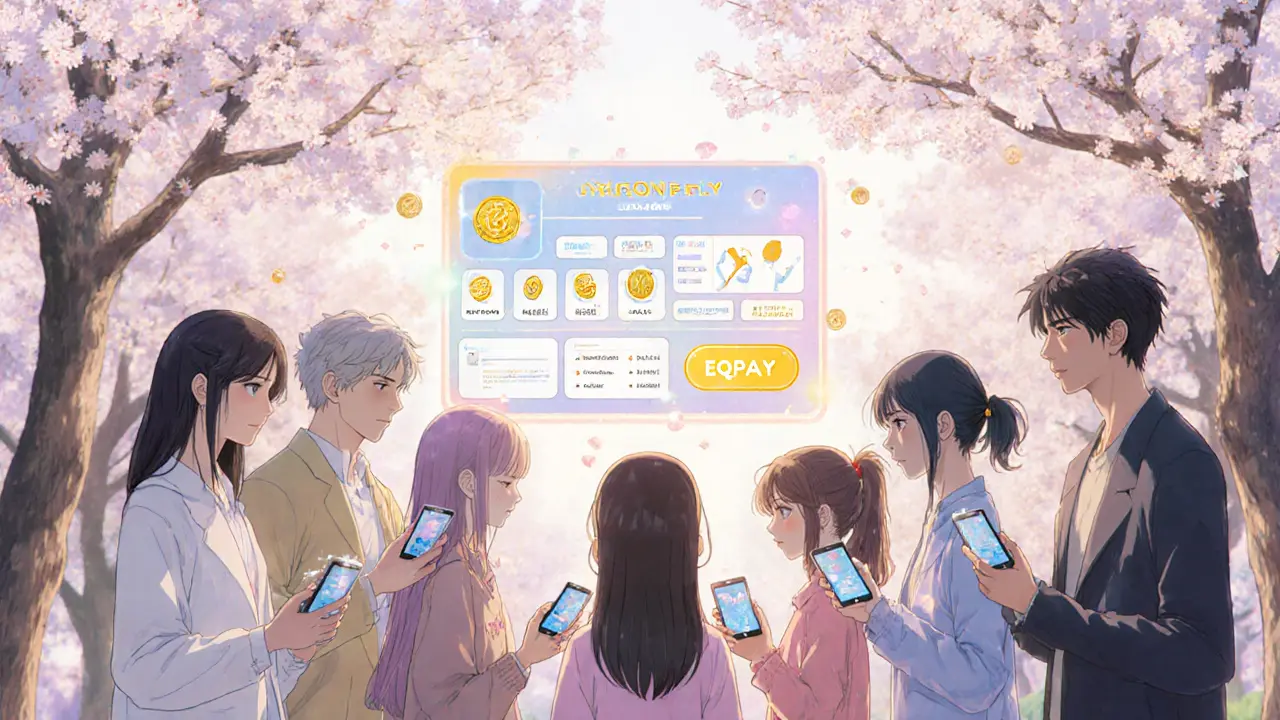 Group of anime characters using DragonFly wallet, surrounded by leaderboard and humanitarian symbols.