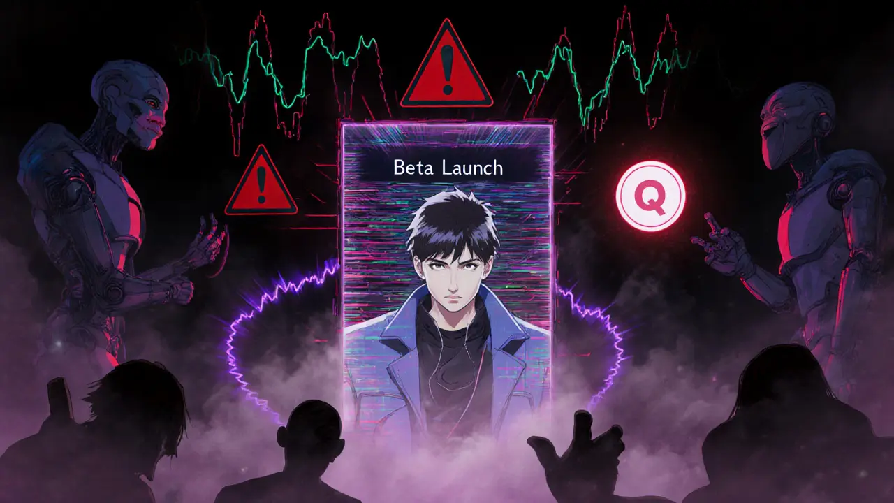 Hero looks at a flickering beta portal surrounded by AI bots and volatile wave patterns.
