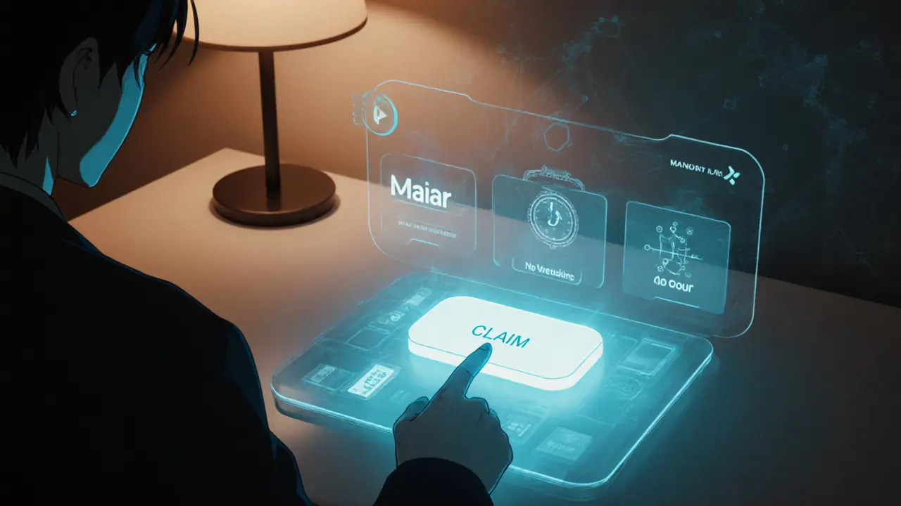 Protagonist at a desk tapping a holographic claim button on a glowing interface.