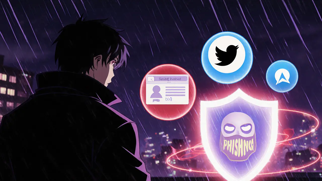 Rooftop scene with hero watching notification orbs and repelling a phishing figure.