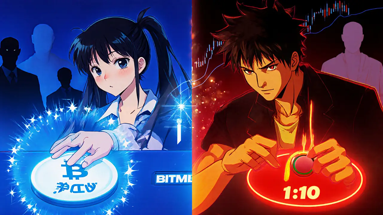 Split scene of anime characters doing spot trade and adjusting a 1:10 leverage lever on BTLUX.