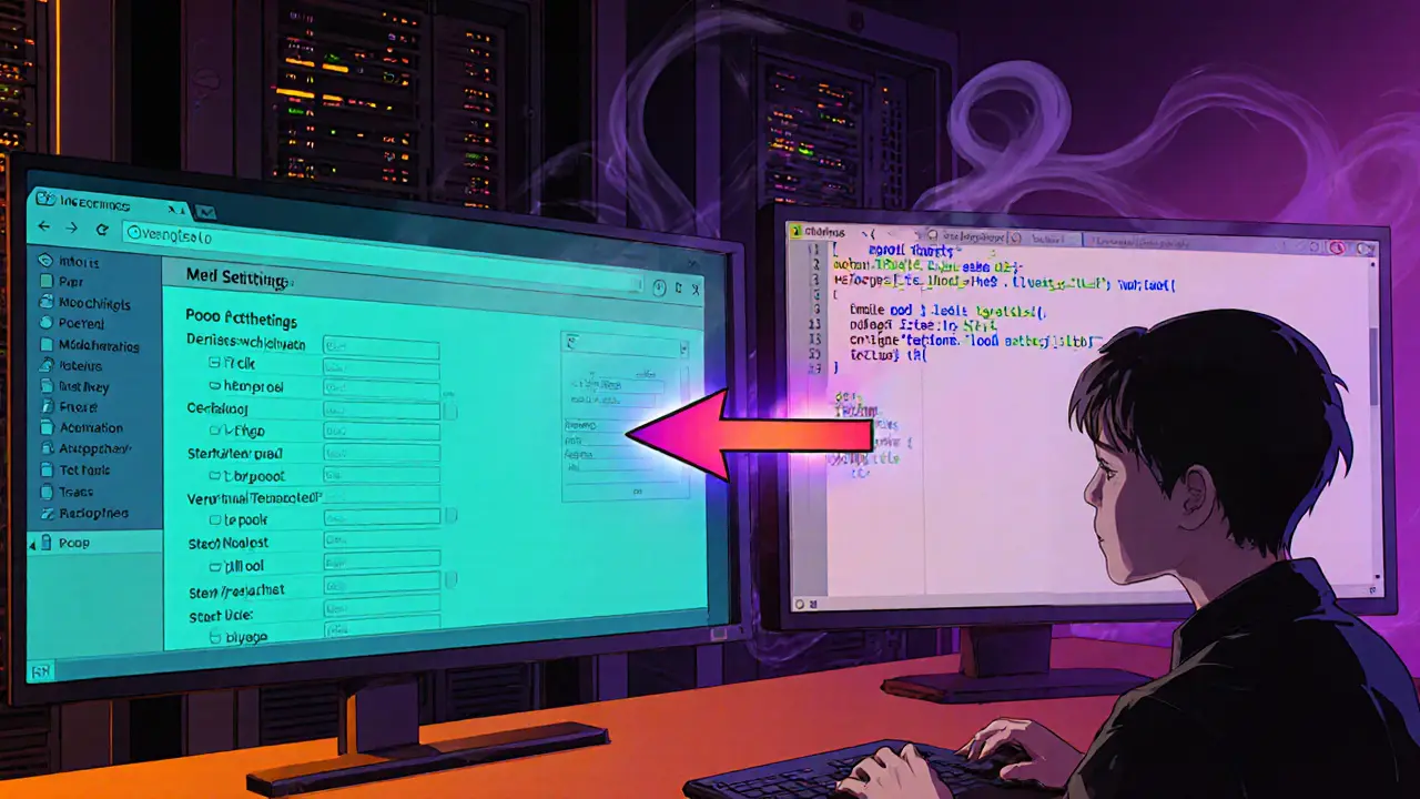 Split‑screen anime scene of engineer configuring new pool settings on UI and code editor.