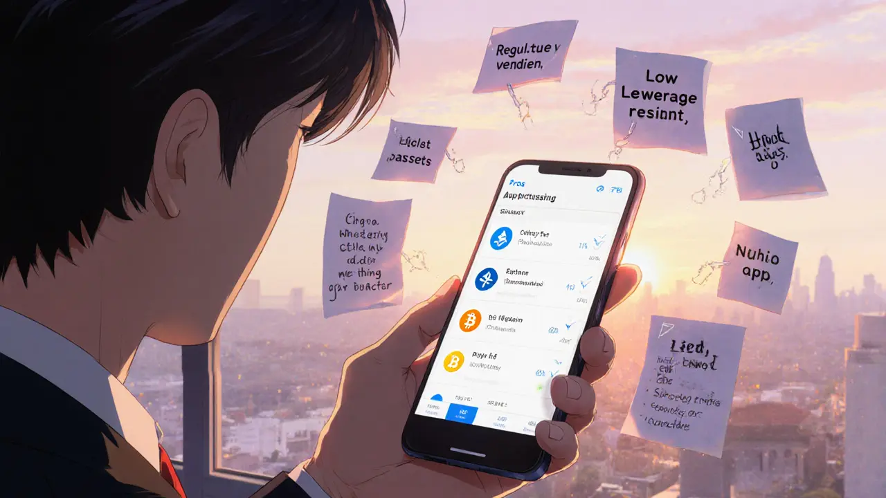 Trader holding a phone with BTLUX app, surrounded by icons of pros and cons in pastel tones.