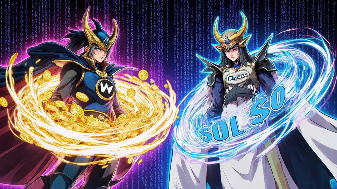 Two anime guardians representing Raydium and Meteora hold swirling QUASAR and SOL tokens.