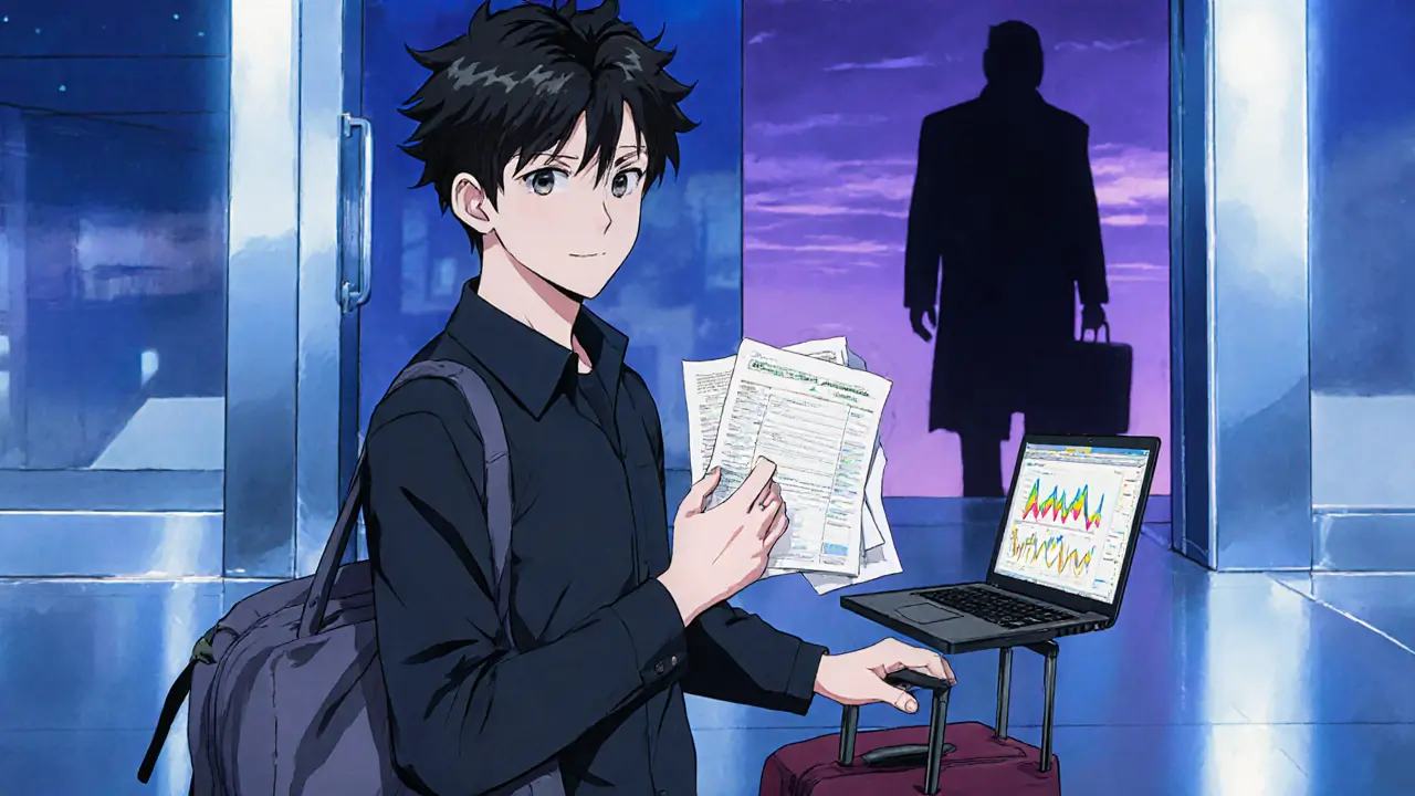 Anime character leaving airport with luggage, laptop crypto charts, and tax documents.