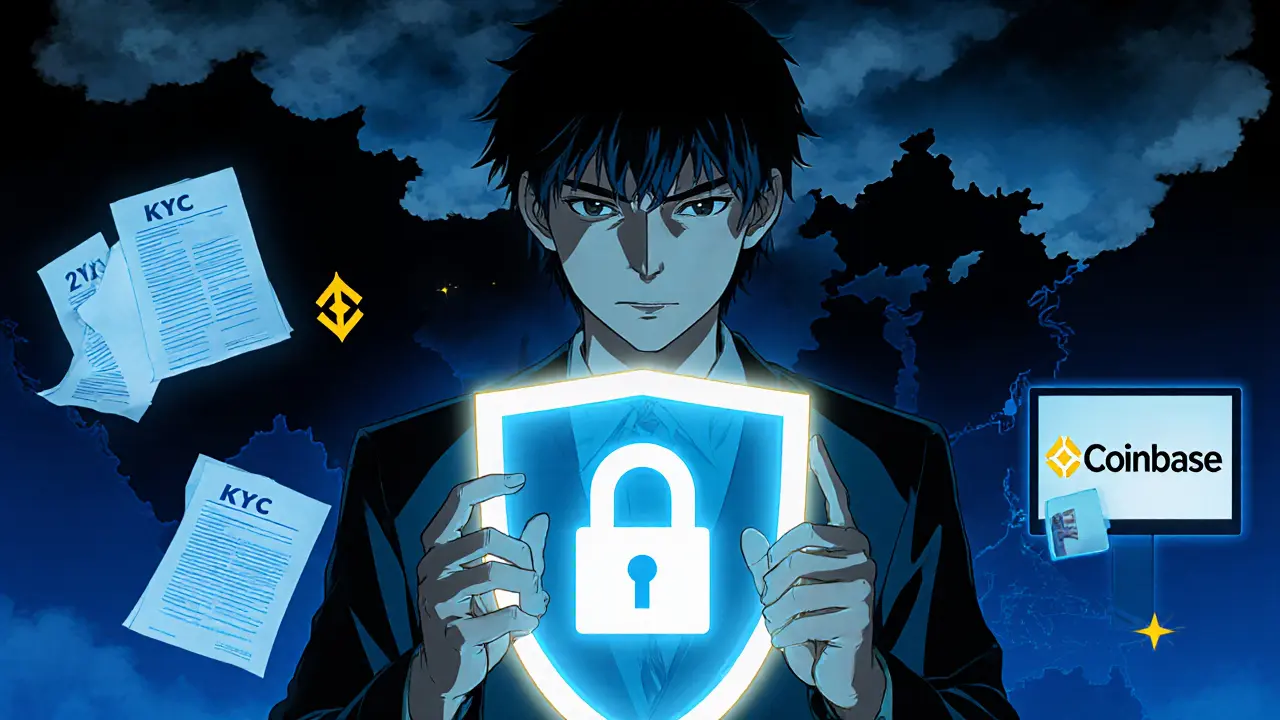 Anime character using 2FA amid KYC papers and a shadowy regulatory backdrop.