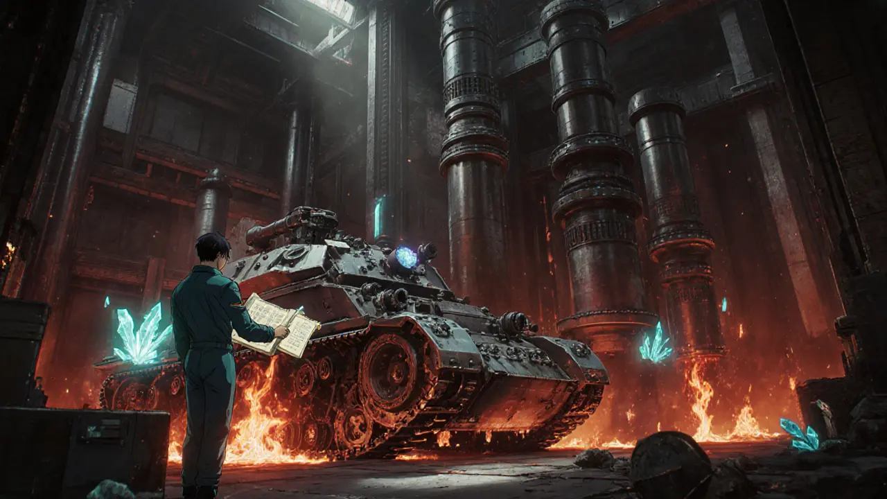 Anime engineer holding a glowing blueprint beside a massive tank in a fiery forge.