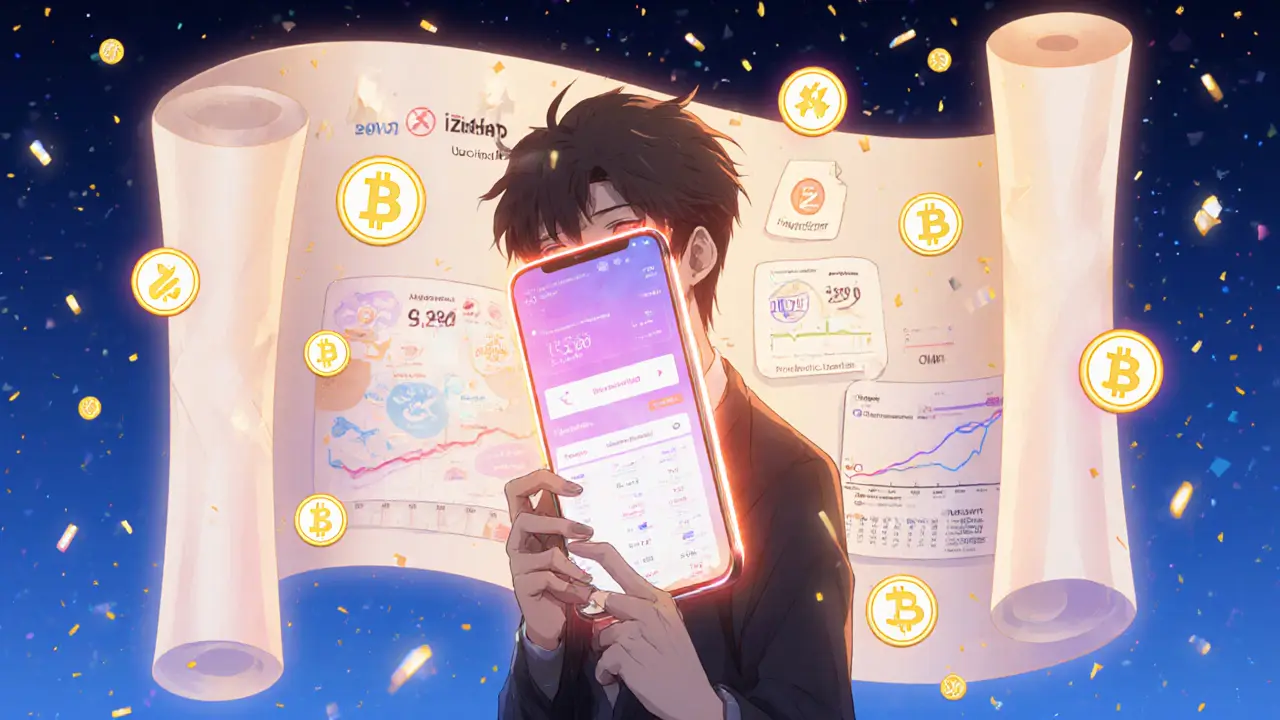 Hand holding smartphone with iZiSwap app, surrounded by floating pros, cons and roadmap icons.