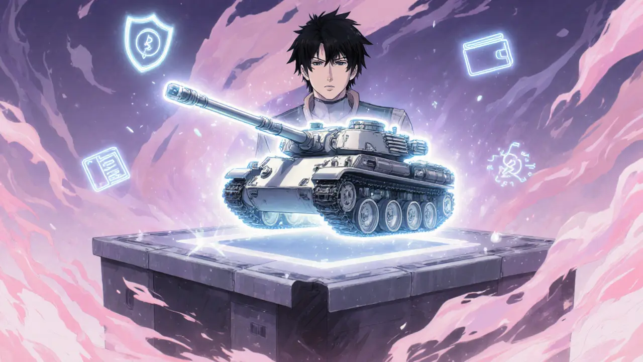 Hero receiving a radiant Origin Tank NFT with security icons in the background.