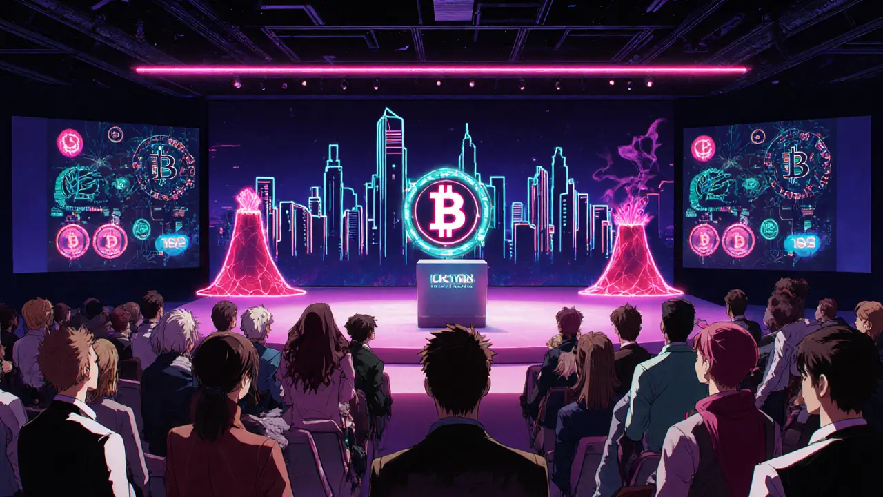 PLANB Forum 2025 conference in a neon-lit hall with crypto symbols and futuristic city backdrop.