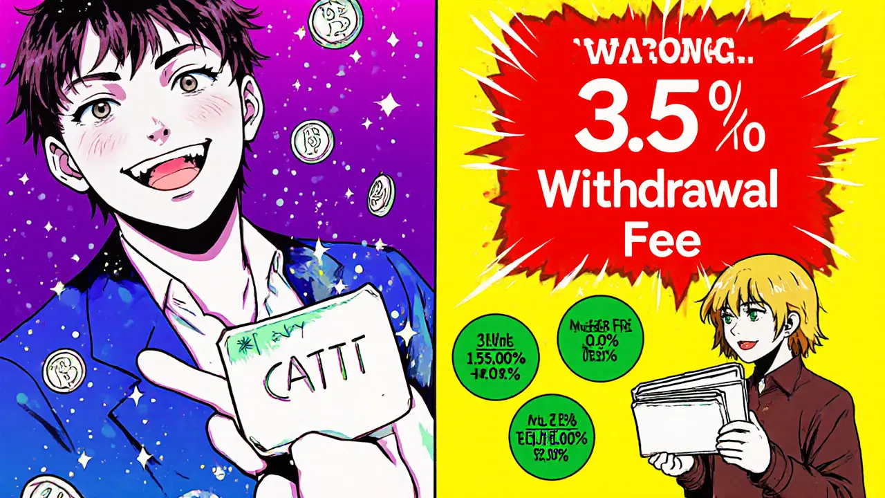 Split panel showing CATT mining rewards and a red 3.5% withdrawal fee warning.