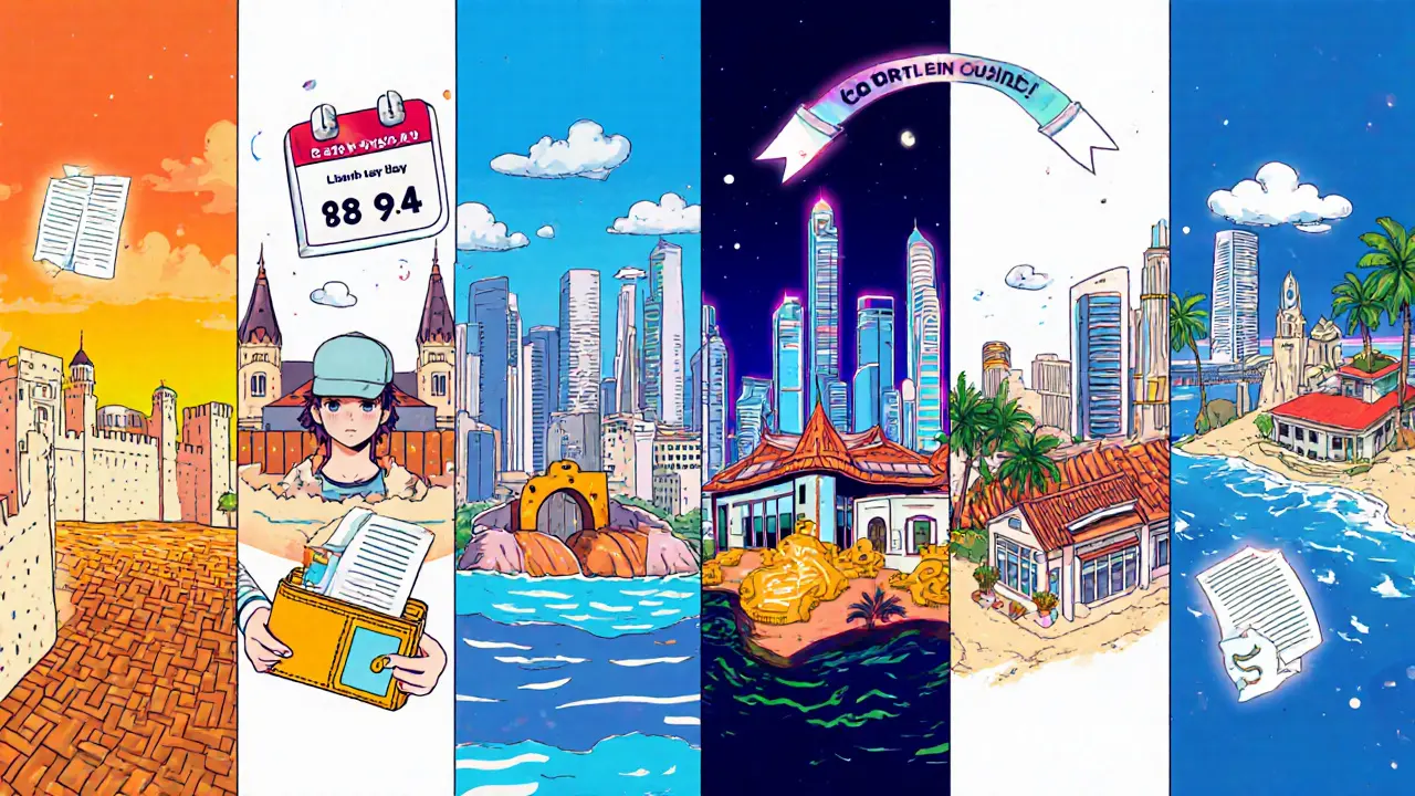 Split view of five crypto‑friendly countries with anime figures and tax symbols.