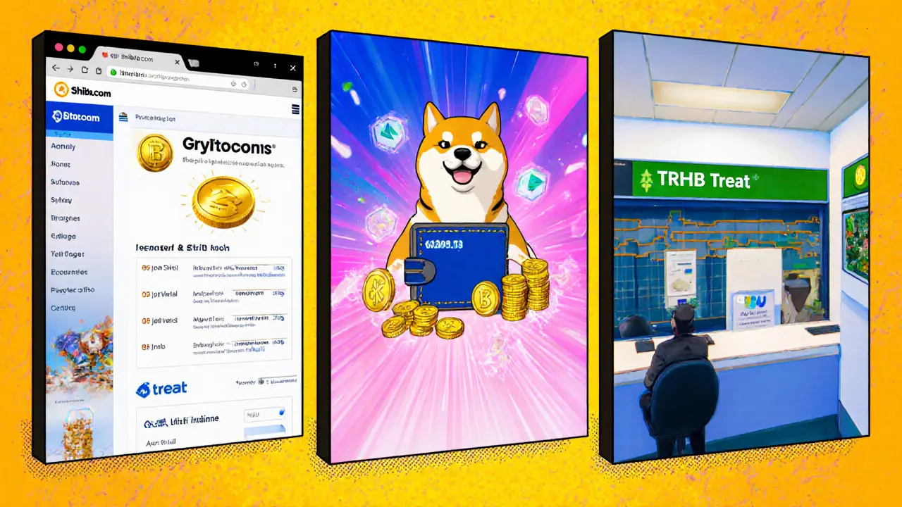 Three panels show legit Crypto.com, PHIL, and TREAT airdrop scenes.