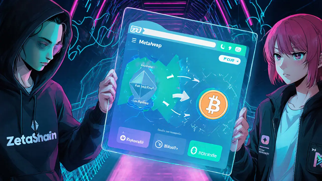Two characters examine a holographic UI showing iZiSwap AMM pool and cross‑chain flow.