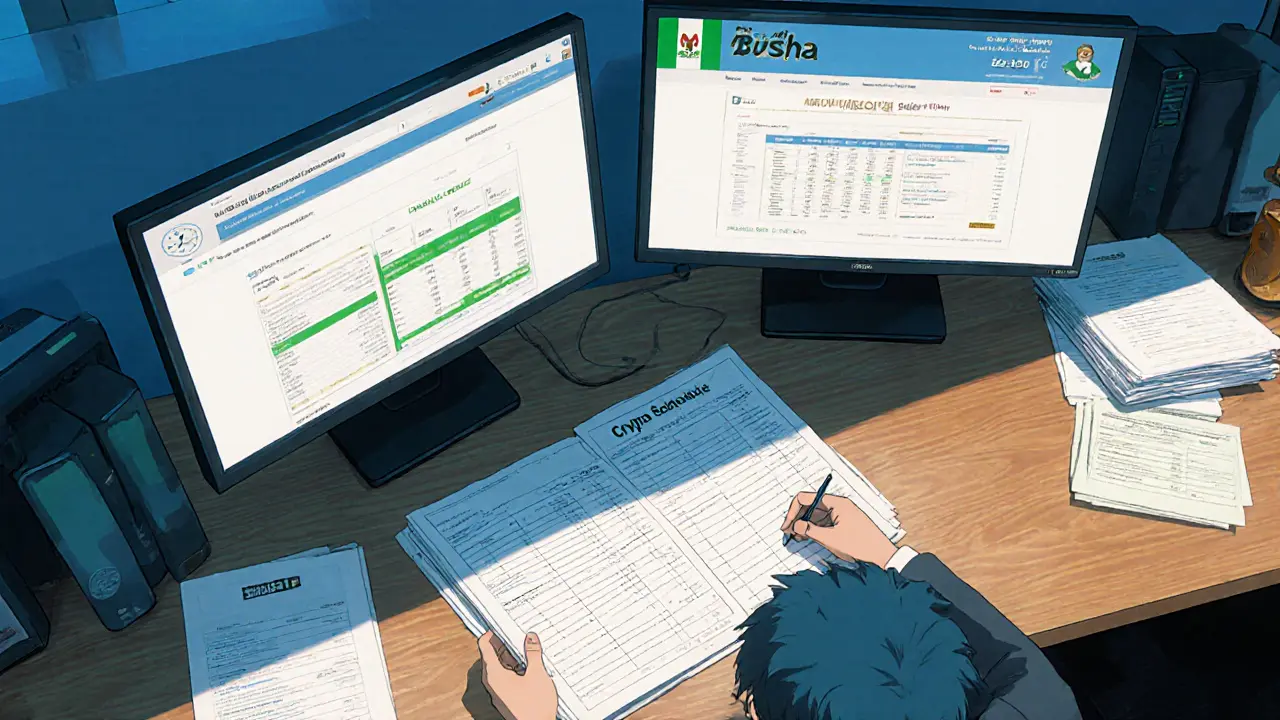 Accountant at desk reviewing ledger, Busha exchange screen, and crypto filing portal.