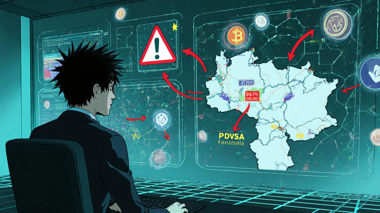 Compliance analyst studies blockchain screens showing USDT trails and privacy‑coin icons.