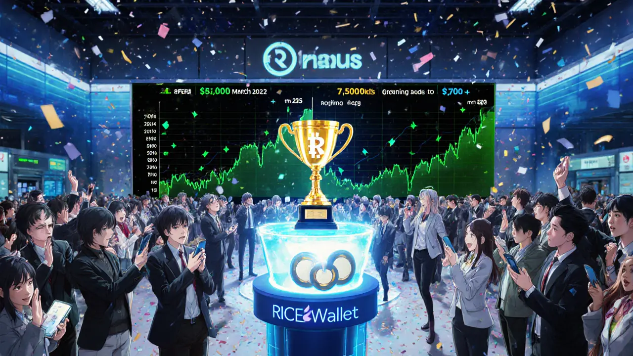 Crowd of anime characters celebrating ONUS price rise with glowing charts and a trophy.