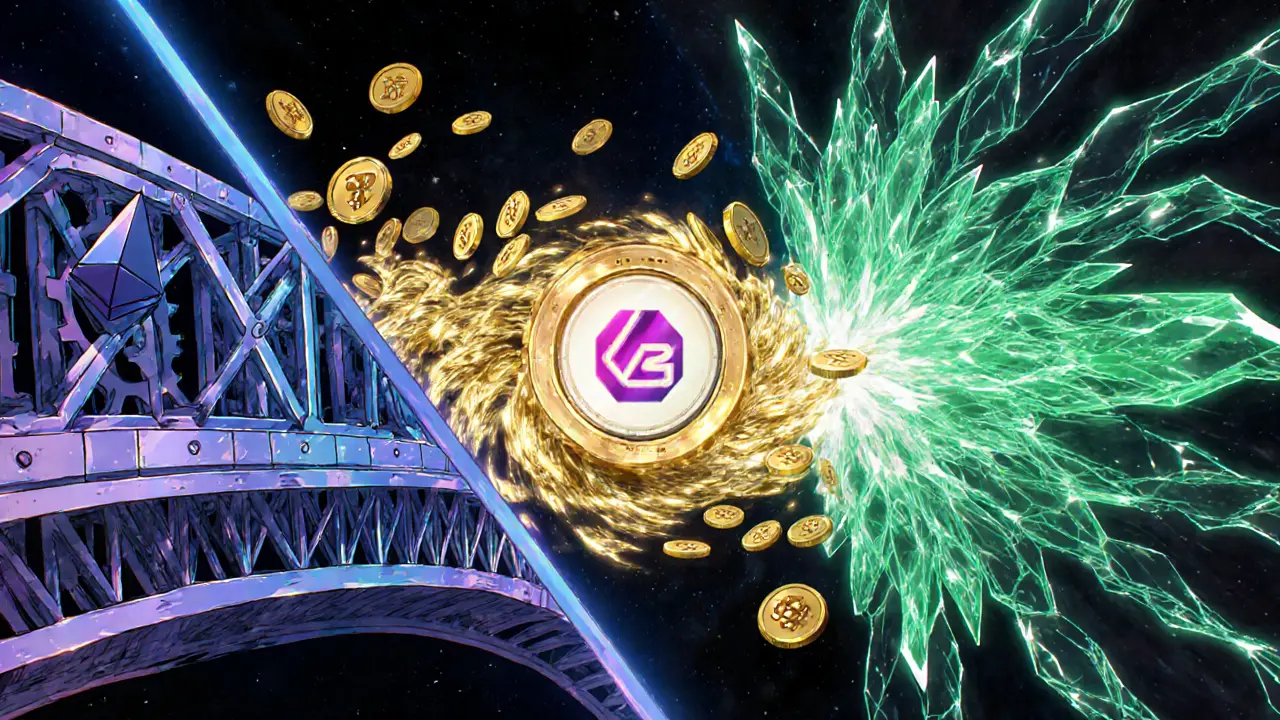 Ethereum and ODIN chains linked by swirling GEO tokens, anime aesthetic.