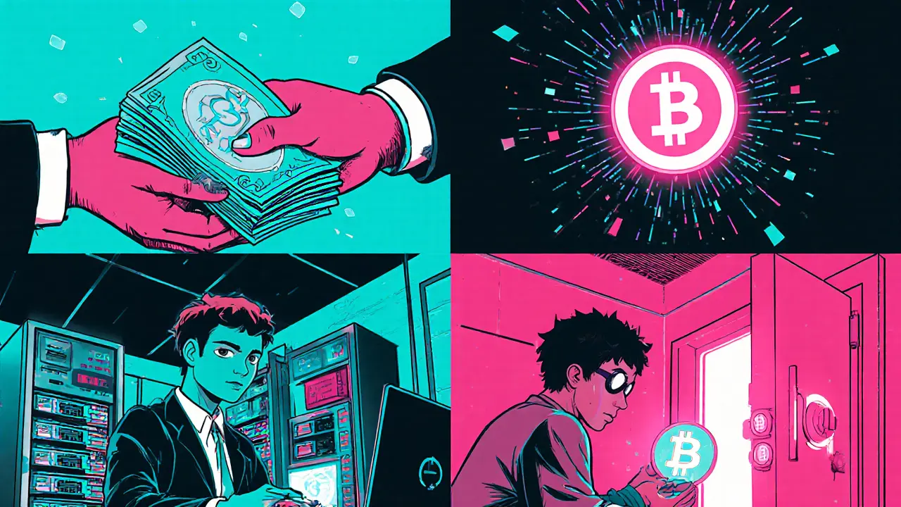 Four panels showing crypto sale, payment receipt, mining reward, and loan collateral.