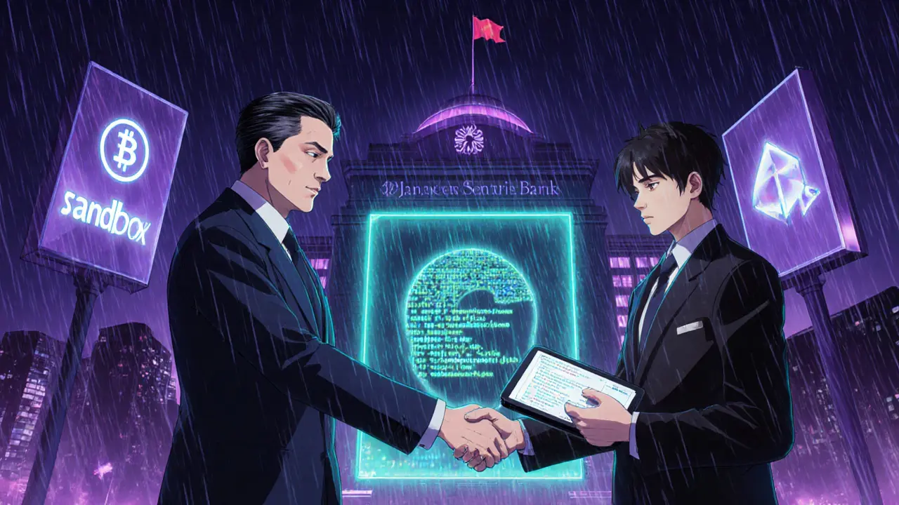 Government official and entrepreneur shaking hands over a stablecoin portal.