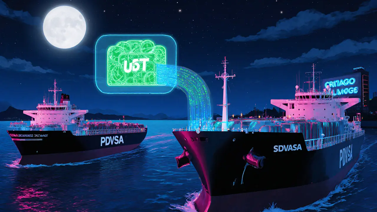 Oil tankers exchange cargo at night while USDT tokens flow into a holographic offshore wallet.