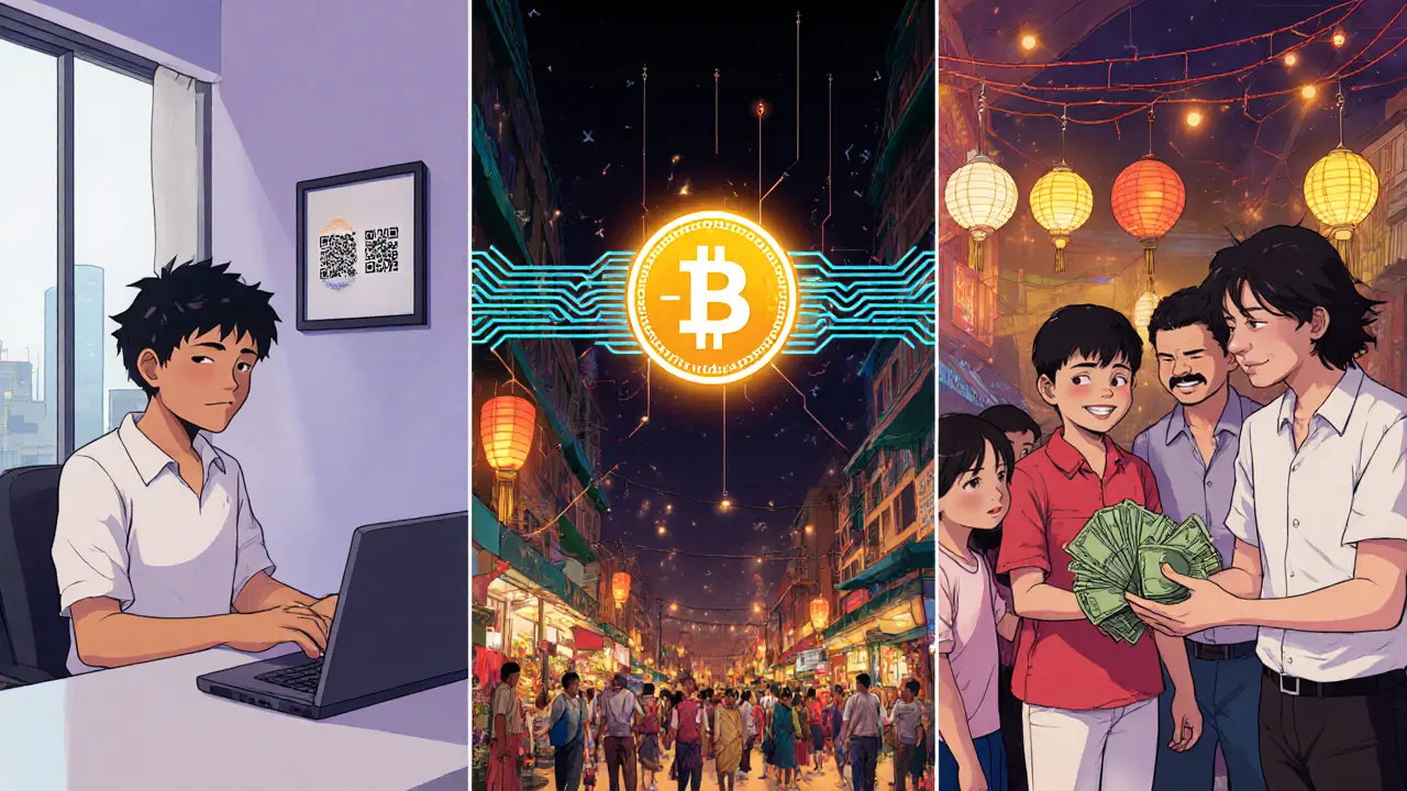 Stablecoin remittance flow from overseas worker to local agent and family.