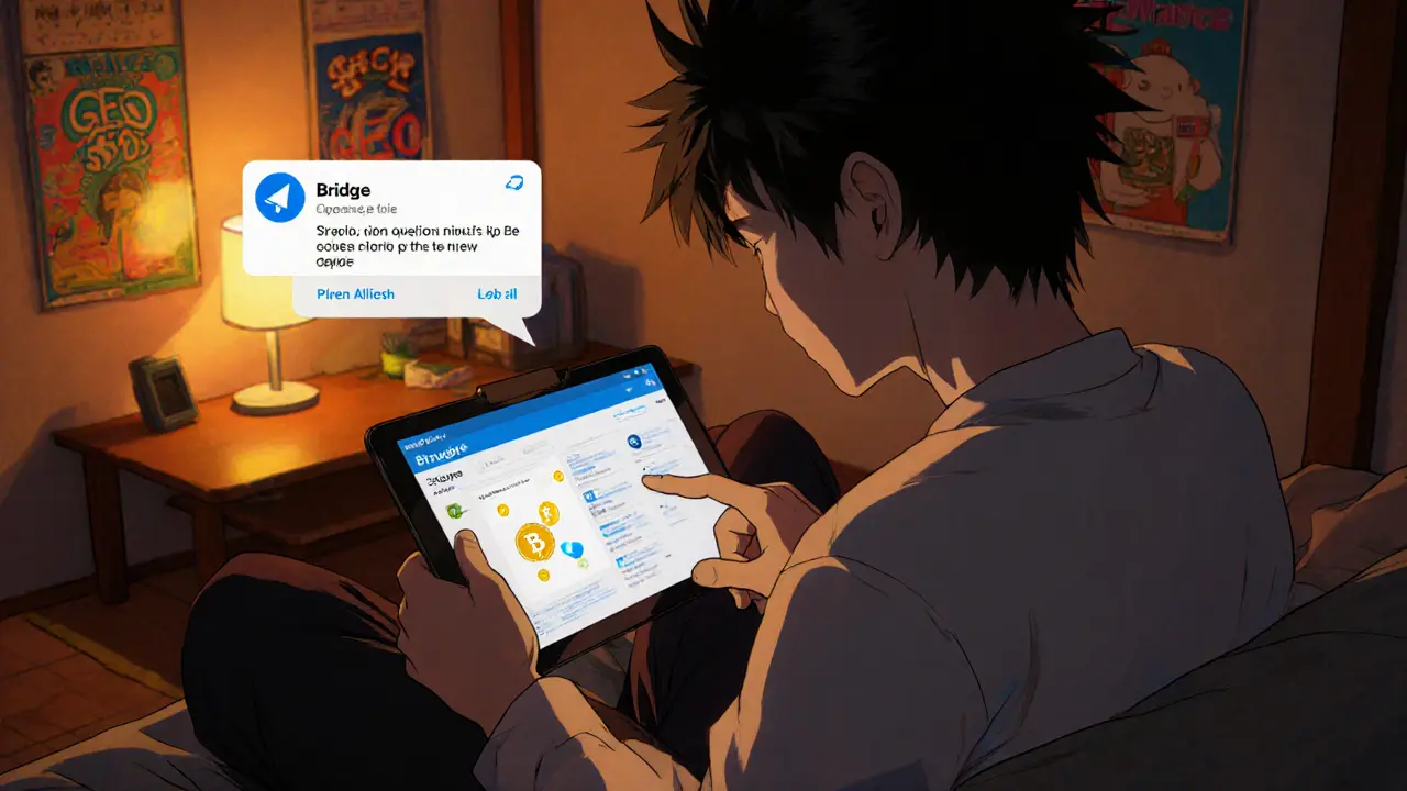 User checks Wallace Wallet and Telegram in a cozy room, 90s anime look.