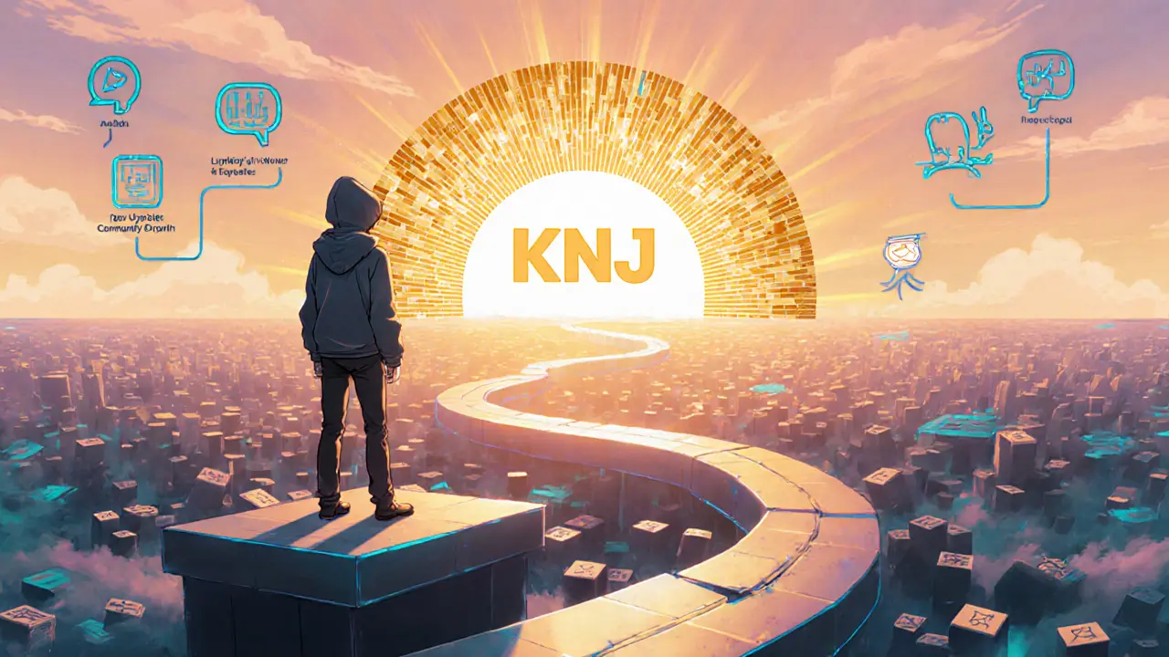 Anime illustration of a sunrise over a digital horizon, showing KNJ token, roadmap and community icons.