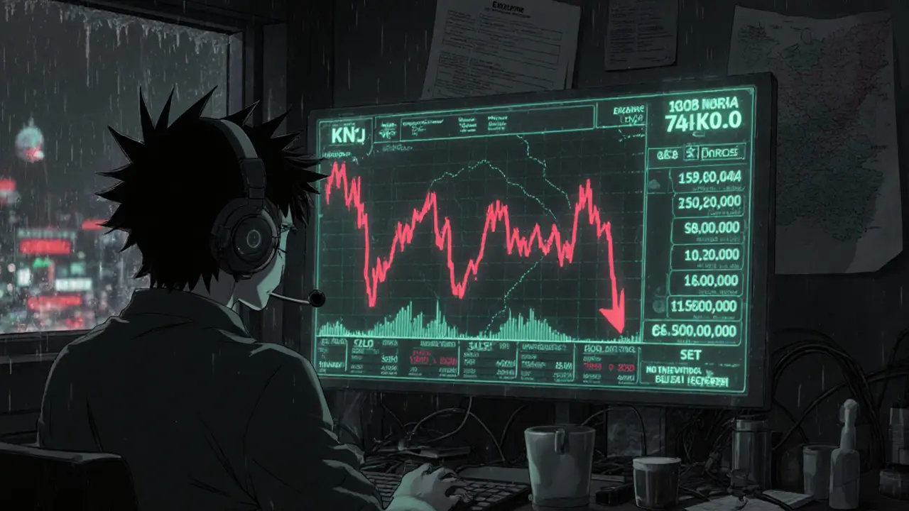Anime style trader watching a volatile KNJ price chart with red downward lines in a dim cyber room.
