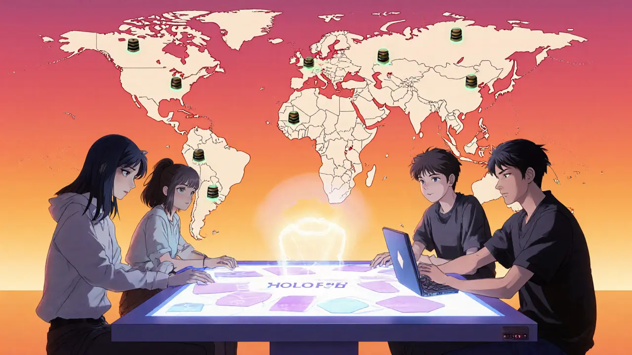 Developers around a glowing holo‑table with a worldwide network of hosts.