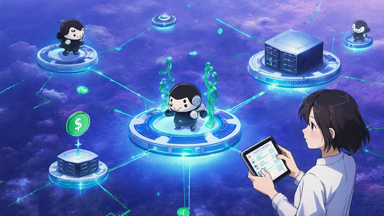 Floating nodes and avatars linked by bright lines, showing Allograph network activity.