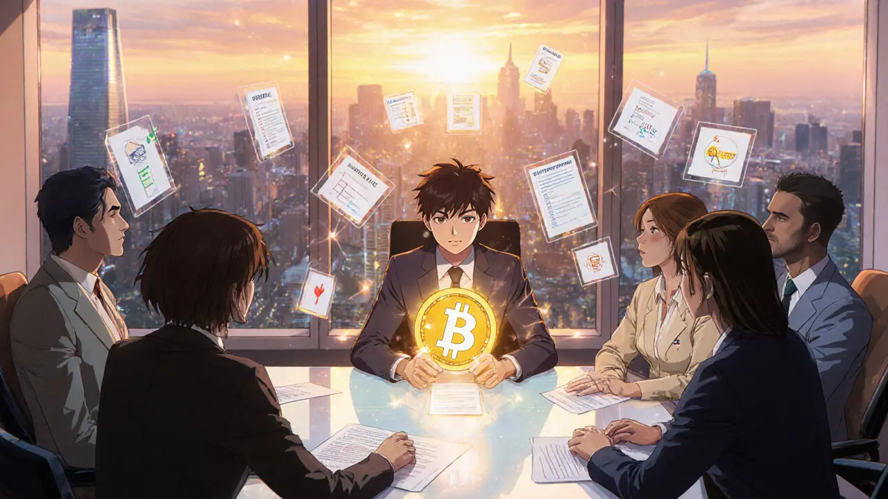 Future office with governance council, holographic checklist, and radiant NFT token.