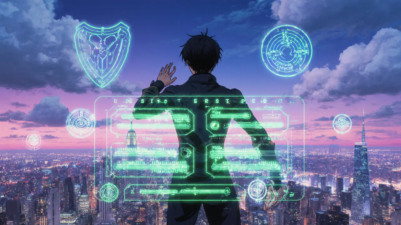 Hero adjusts holographic liquidity ranges atop neon city, representing future AMM upgrades.