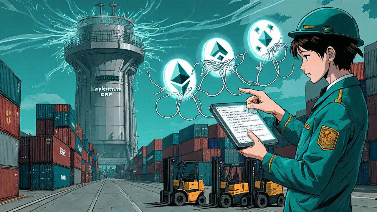 Port terminal with workers, holographic smart contract code, and tangled blockchain symbols.