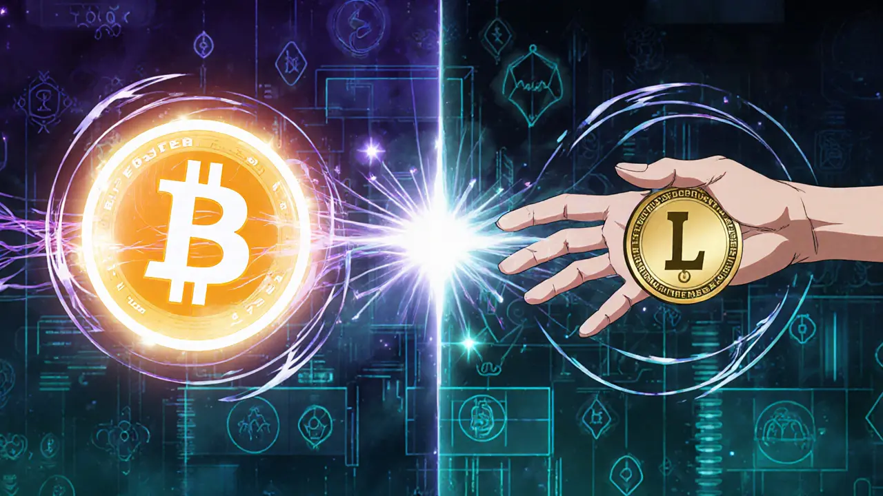 Animated atomic swap between Bitcoin and L‑USDT tokens with glowing confidential transaction effects.