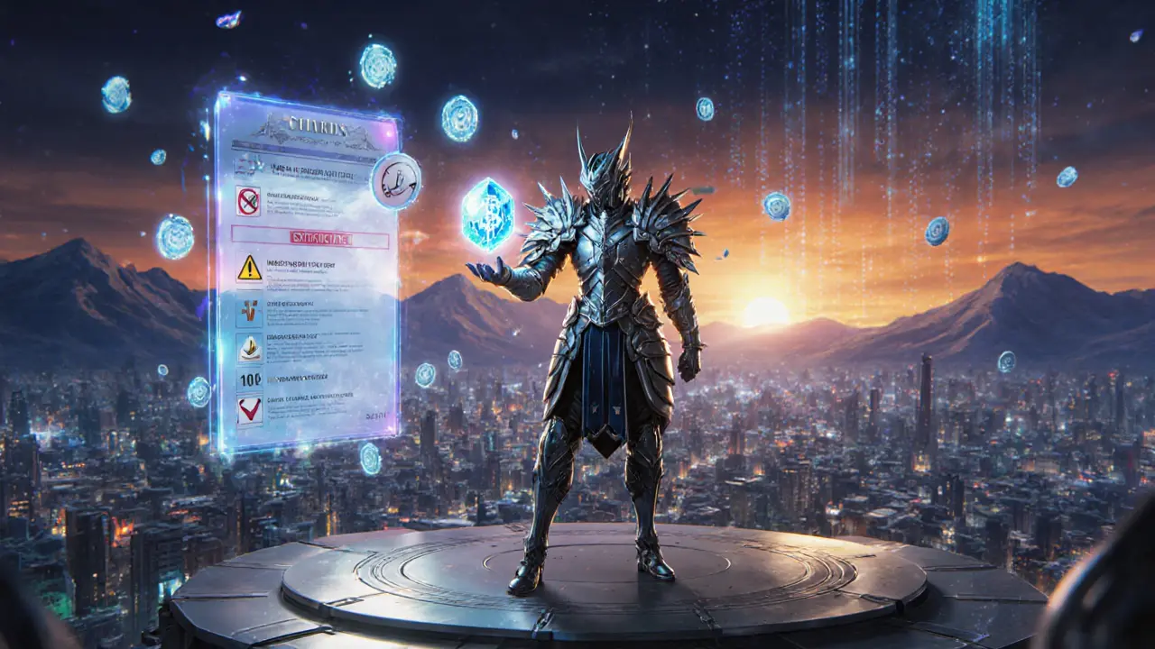 Anime hero holding a glowing SHARDS crystal beside a holographic risk checklist.