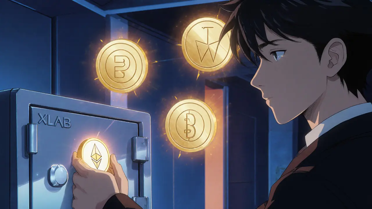 Anime hero storing XLAB in a hardware wallet safe with alternative token icons nearby.