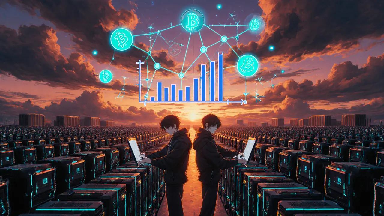 Anime miners adjust ASIC rigs while lightning arcs illustrate fee growth.