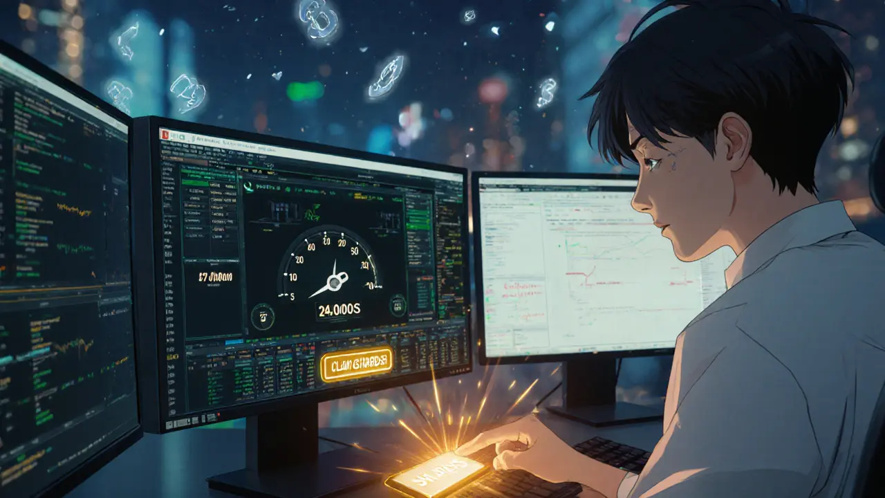 Anime trader ready to claim SHARDS as a countdown timer drops points on a monitor.