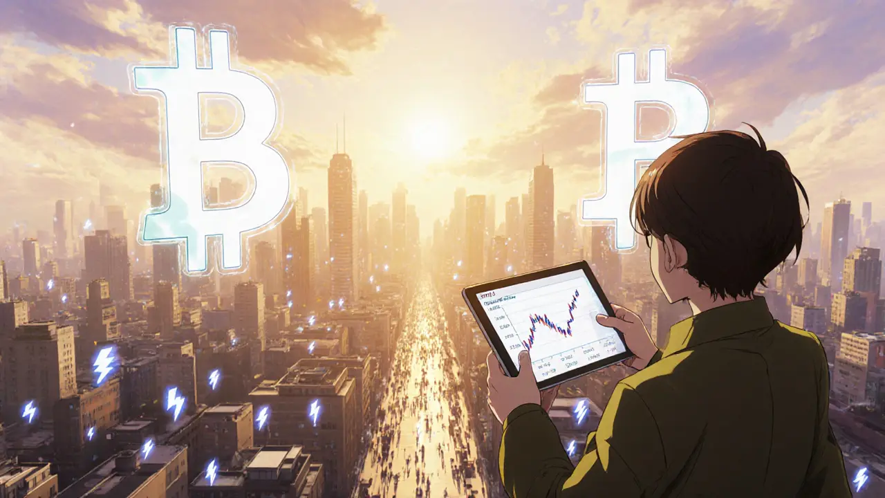 Guardian overlooks a sunrise city powered by Bitcoin fees and lightning network.